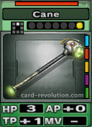 The Cane CARD has 3 Hit Points, adds 0 Attacking Points and one Technique Point. It costs one attack point to set. Its range is one square in front. Its Resist Color is red. Its Right Colors are blue, red, yellow, purple and green.
