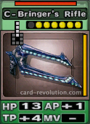 The C-Bringer's Rifle CARD has 13 Hit Points, adds one Attacking Point and 4 Technique Points. It costs 6 attack points to set. Its range is 4 squares in front. Its Resist Color is red. Its Right Color is yellow.