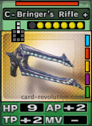 The C-Bringer's Rifle + CARD has 9 Hit Points, adds 2 Attacking Points and 2 Technique Points. It costs 6 attack points to set. Its range is 3 squares in front. Its Resist Color is red. Its Right Colors are blue, red, yellow, purple and green.