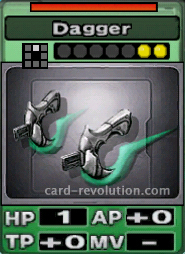 The Dagger CARD has one Hit Point, adds 0 Attacking Points and 0 Technique Points. It costs 2 attack points to set. Its range is one square in front. Its Resist Color is red.