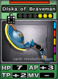The Diska of Braveman has 7 Hit Points, adds 3 Attacking Points and 2 Technique Points. It costs 3 attack points to set. Its range follows an arc. Its Resist Color is red. Its Right Colors are blue, red, yellow, purple and green.