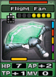 The Flight Fan CARD has 7 Hit Points, adds 2 Attacking Points and one Technique Point, and has 0 Move Points. It costs 4 attack points to set. Its range follows an arc. Its Resist Color is red. Its Right Colors are blue, red, yellow, purple and green.