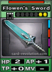 The Flowen's Sword CARD has 2 Hit Points, adds one Attacking Point and 0 Technique Points. It costs 2 attack points to set. Its range is a horizontal line of 3 squares. Its Resist Color is red. Its Right Colors are blue, red, purple and green.