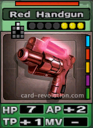 The Red Handgun CARD has 7 Hit Points, adds 2 Attacking Points and one Technique Point. It costs 3 attack points to set. Its range is 2 squares in front. Its Resist Color is red. Its Right Colors are blue, red, yellow, purple and green.