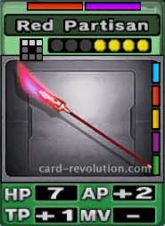 The Red Partisan CARD has 7 Hit Points, adds 2 Attacking Points and one Technique Point. It costs 4 attack points to set. Its range is a horizontal line of 3 squares. Its Resist Colors are red and purple. Its Right Colors are blue, red, yellow, purple and green.