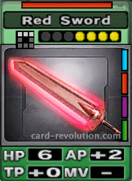 The Red Sword CARD has 6 Hit Points, adds 2 Attacking Points and 0 Technique Points. It costs 4 attack points to set. Its range is a horizontal line of 3 squares. Its Resist Color is red. Its Right Colors are blue, red, purple and green.
