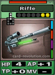 The Rifle CARD has 4 Hit Points, adds one Attacking Point and 0 Technique Points. It costs 2 attack points to set. Its range is 3 squares in front. Its Resist Color is red. Its Right Colors are blue, red, purple and green.