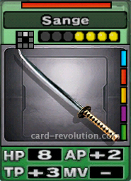 The Sange CARD has 8 Hit Points, adds 2 Attacking Points and 3 Technique Points. It costs 4 attack points to set. Its range is one square in front. Its Resist Color is red. Its Right Colors are blue, red, yellow, purple and green.