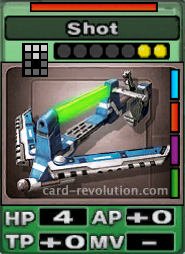 The Shot CARD has 4 Hit Points, adds 0 Attacking Points and 0 Technique Points. It costs 2 attack points to set. Its range is a spread 2 squares long. Its Resist Color is red. Its Right Colors are blue, red, purple and green.