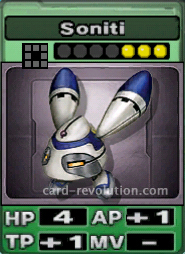 The Soniti CARD has 4 Hit Points, adds one Attacking Point and one Technique Point. It costs 3 attack points to set.