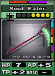 The Soul Eater CARD has 7 Hit Points, adds 5 Attacking Points and 2 Technique Points. It costs 4 attack points to set. Its range is a horizontal line of 3 squares. Its Resist Colors are red and purple. Its Right Colors are blue, red, yellow, purple and green.