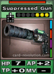 The Suppressed Gun CARD has 7 Hit Points, adds 2 Attacking Points and 0 Technique Points. It costs 3 attack points to set. Its range is 2 squares in front. Its Resist Color is red. Its Right Colors are blue, red, purple and green.