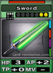 The Sword CARD has 3 Hit Points, adds 2 Attacking Points and 0 Technique Points. It costs 2 attack points to set. Its range is a horizontal line of 3 squares. Its Resist Color is red. Its Right Colors are blue, red, purple and green.