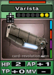The Varista CARD has 2 Hit Points, adds one Attacking Point and 0 Technique Points. It costs 2 attack points to set. Its range is 2 squares in front. Its Resist Color is red. Its Right Colors are blue, red, purple and green.