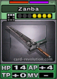 The Zanba CARD has 14 Hit Points, adds 4 Attacking Points and 0 Technique Points. It costs 4 attack points to set. Its range is a horizontal line of 3 squares. Its Resist Colors are red and purple.